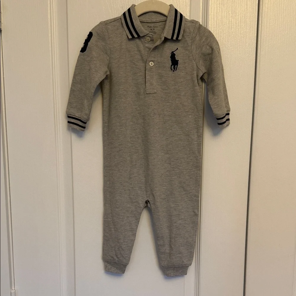 Ralph Lauren Grey and Navy Polo One-Piece Romper